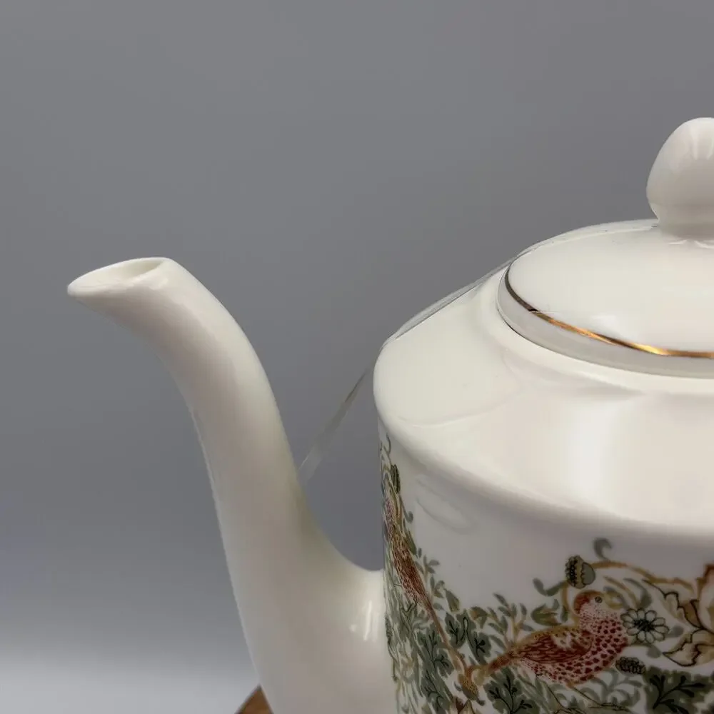 William Morris & Co Strawberry Thief White Porcelain Teapot Birds Green Tan NIP